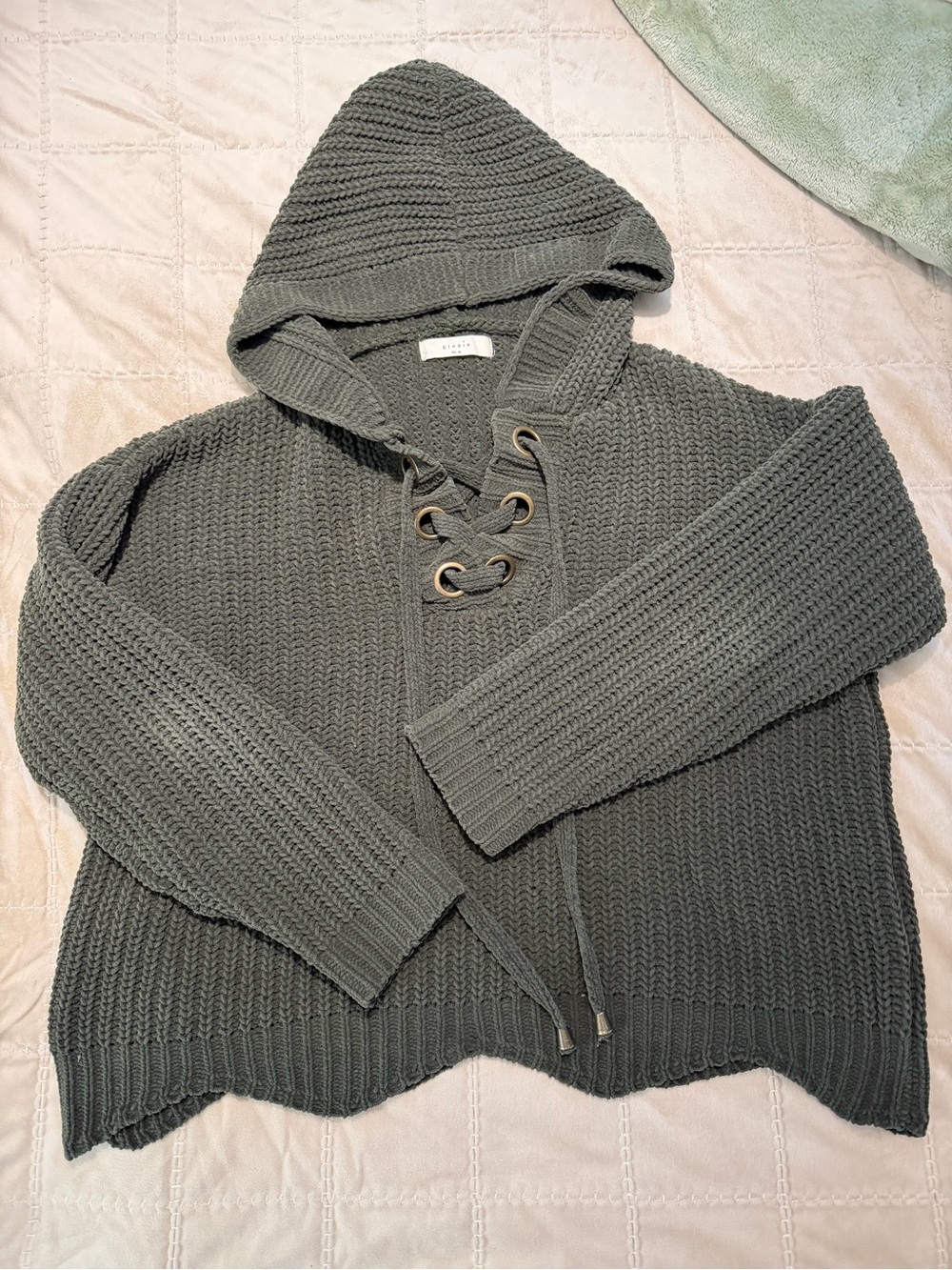 Knit Hoodie Sweater Women’s M Olive Lace Up Grommet Pullover by Elodie.